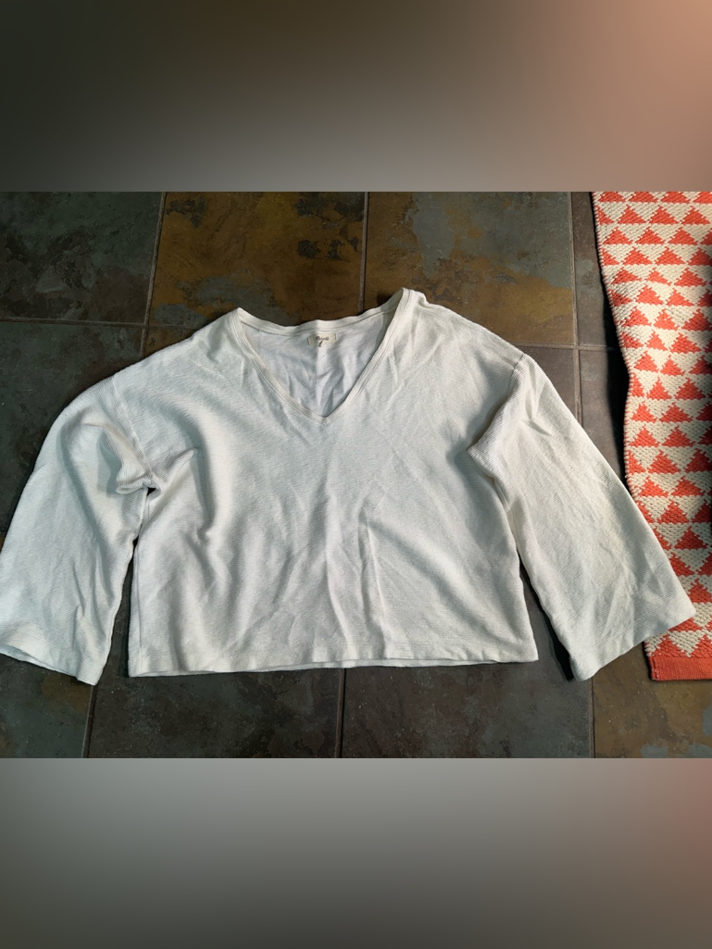 Madewell Crop Sweater Womens Medium Ivory Textured V Neck 100% Cotton 3/4 Sleeve